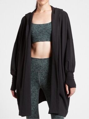 Athleta Mantra Wrap Black Oversized Hooded Sweatshirt Cardigan